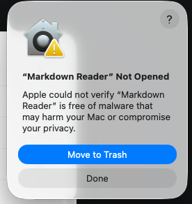 "Markdown Reader Not Opened" dialog with Move to Trash and Done buttons