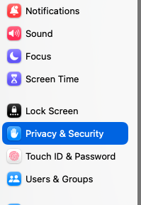 Privacy & Security selected in System Settings sidebar