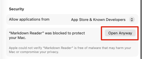 Security section showing an Open Anyway button next to the blocked Markdown Reader notice
