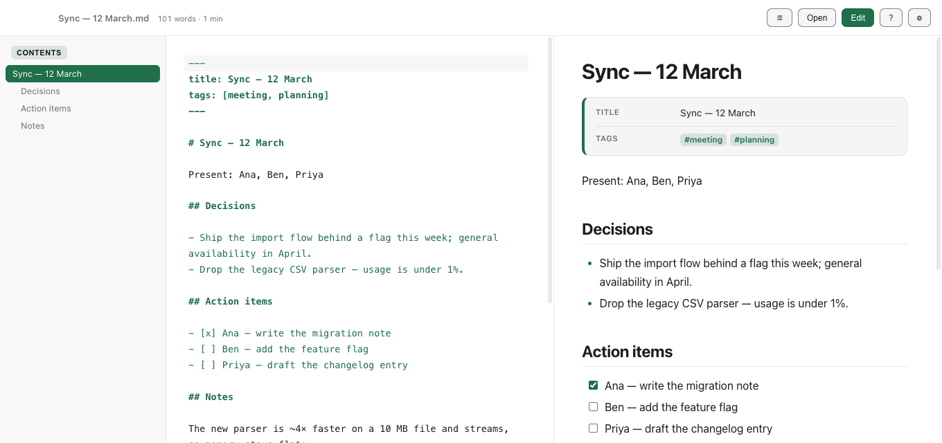The split editor with Markdown source and a live preview