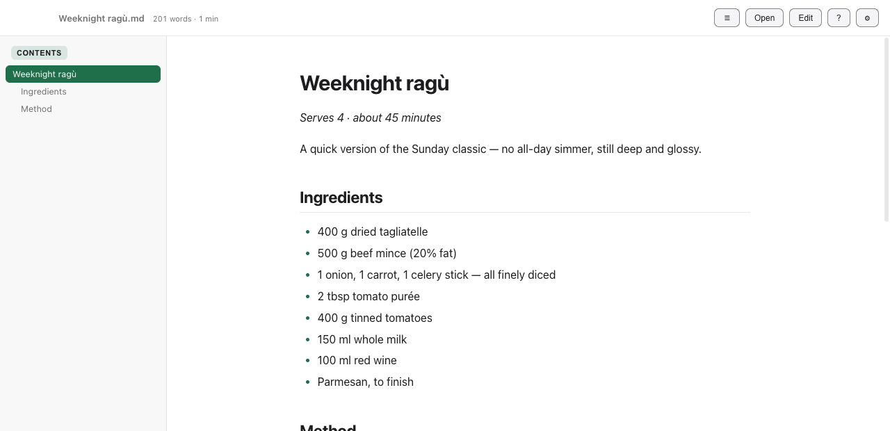 Markdown Reader showing a document in its reading view