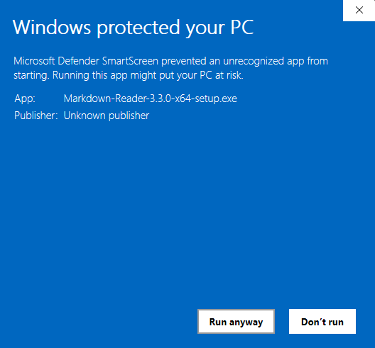 Windows protected your PC dialog expanded with Run anyway and Don't run buttons